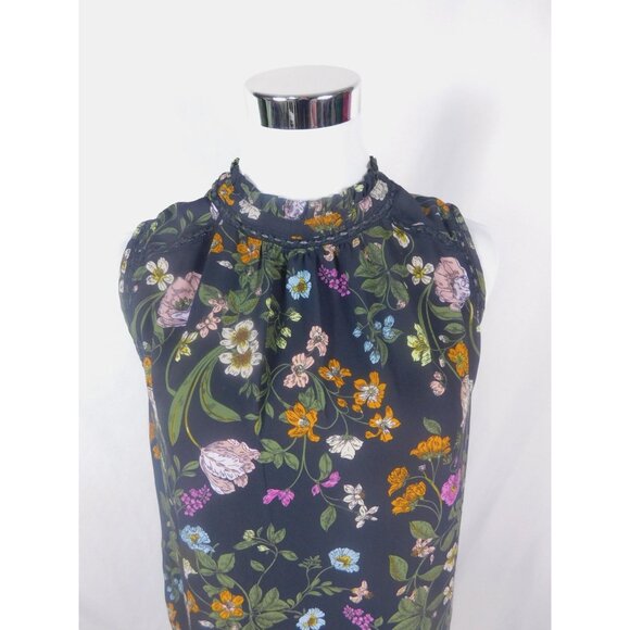 LOFT Medium Navy Floral Ruffle Mock Neck Blouse Cottagecore - Picture 2 of 11